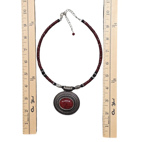 Red‎ Statement Necklace Silver Tone Medallion Pendant Boho Fashion Jewelry - Picture 4 of 6